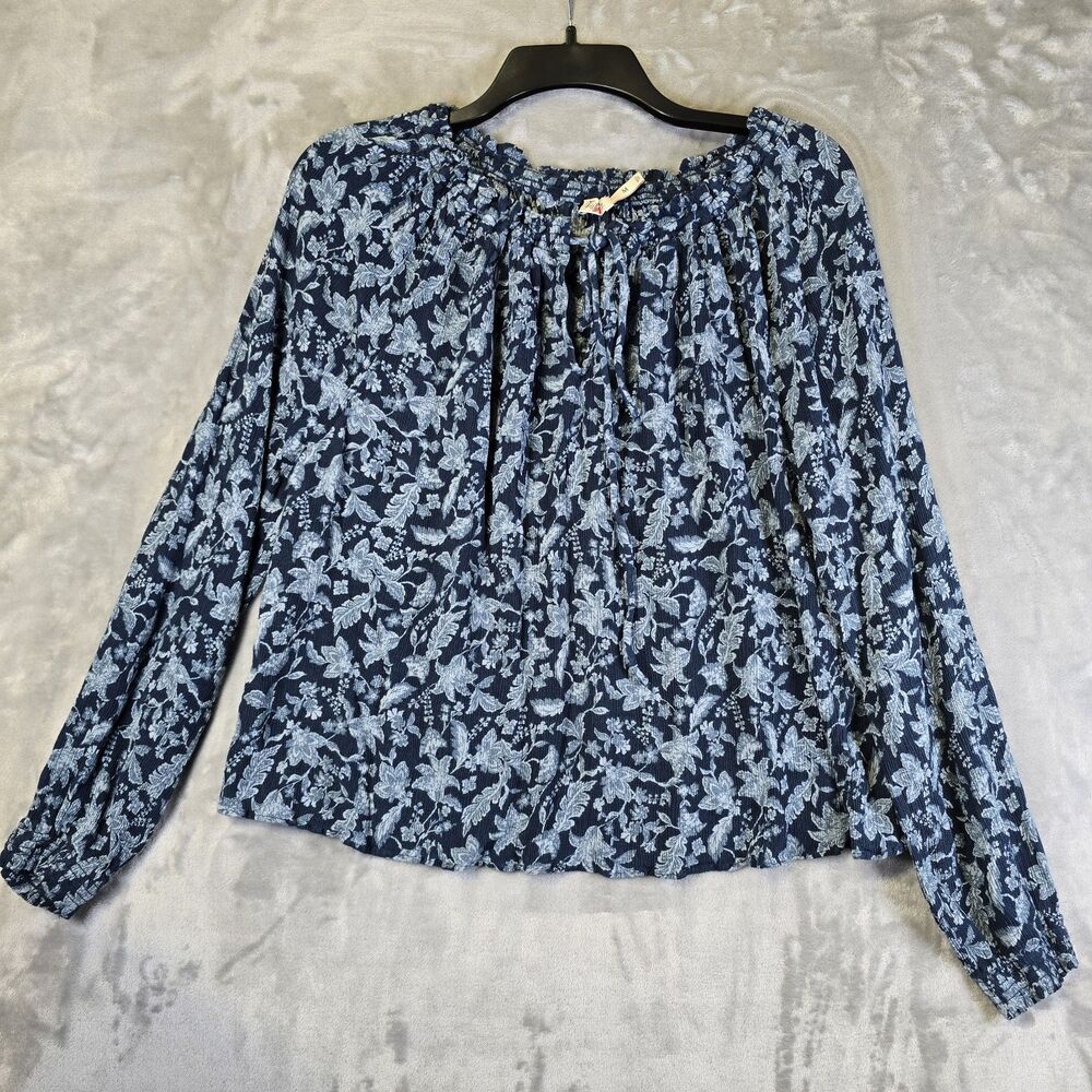 Faherty Blouse Shirt Womens M Blue Floral Smocked Tie Close Neckline Y2K